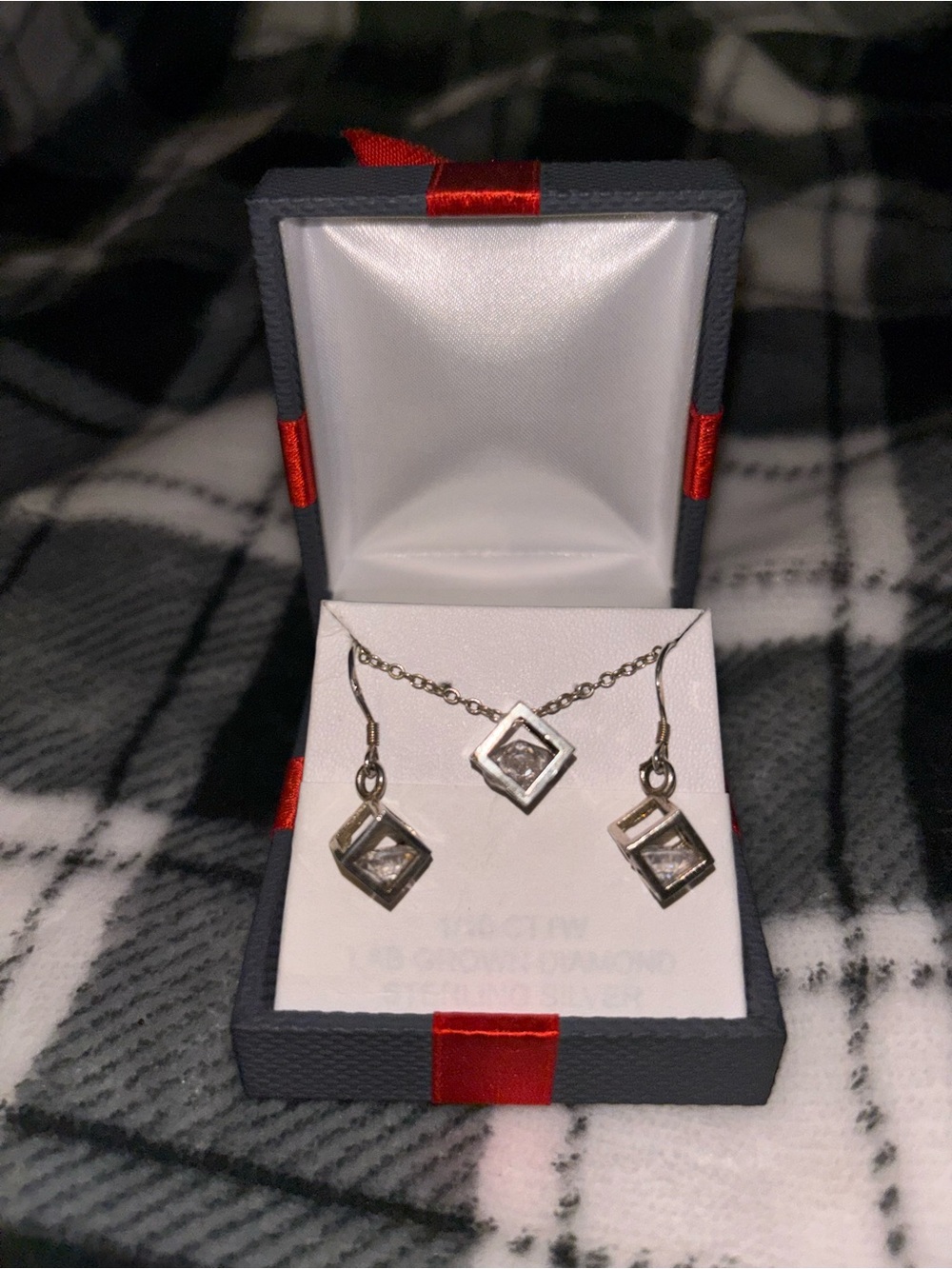 S.Silver Square CZ Pendant Necklace with Matching Earrings -Silver
 5.89 grams.